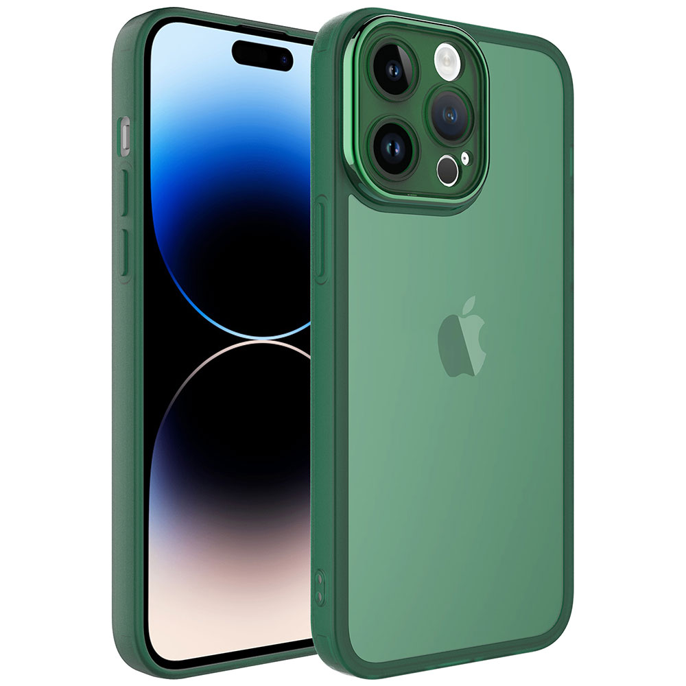 Üç kameralı yeşil iPhone kılıfı ve Apple logosu.
