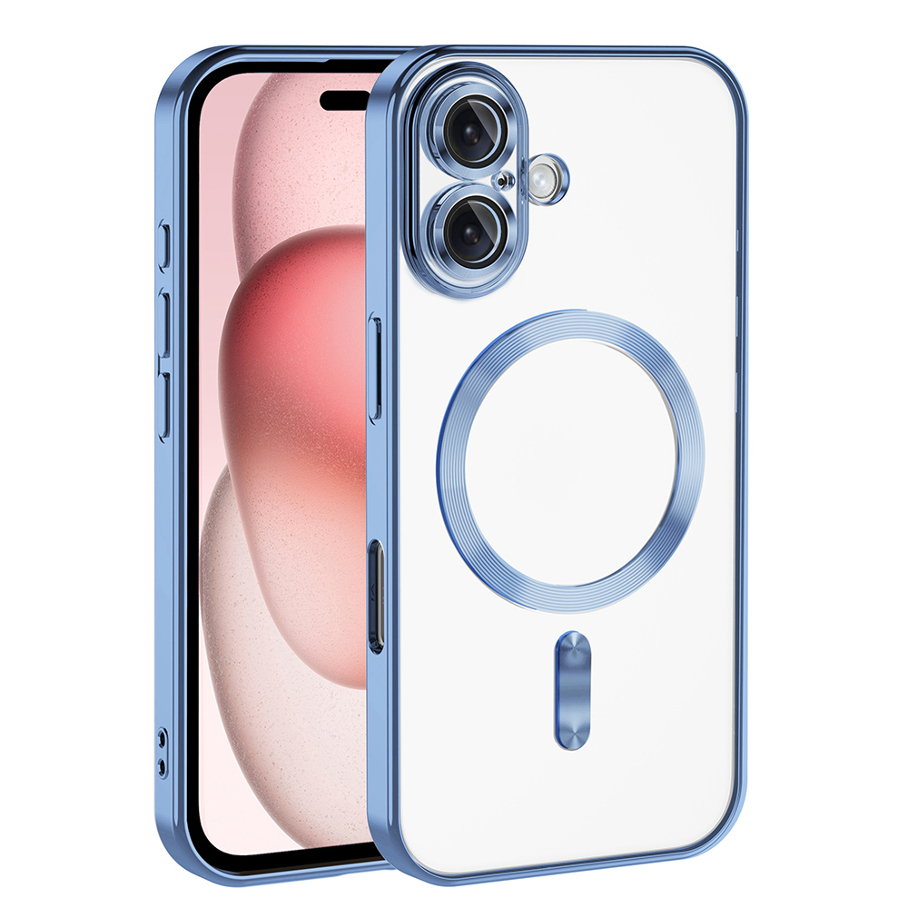 Mavi kenarlı şeffaf telefon kılıfı, kamera ve manyetik halka.