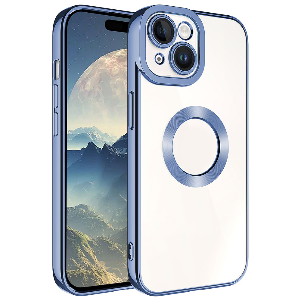 Mavi kenarlı ve kamera halkalı şeffaf telefon kılıfı.