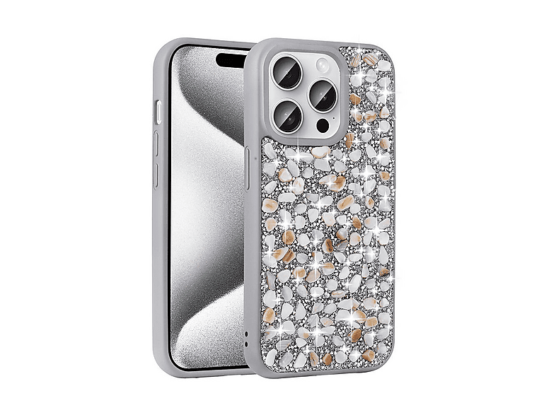 LOPARD iPhone 15 Pro Max Uyumlu Parlak Taşlı Tasarım Linea Kapak Telefon Kılıfı Gümüş