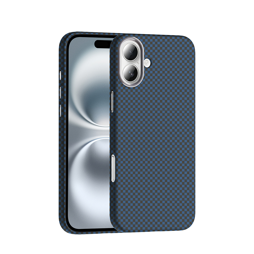 Koyu mavi kareli telefon kılıfı kamera yuvası.