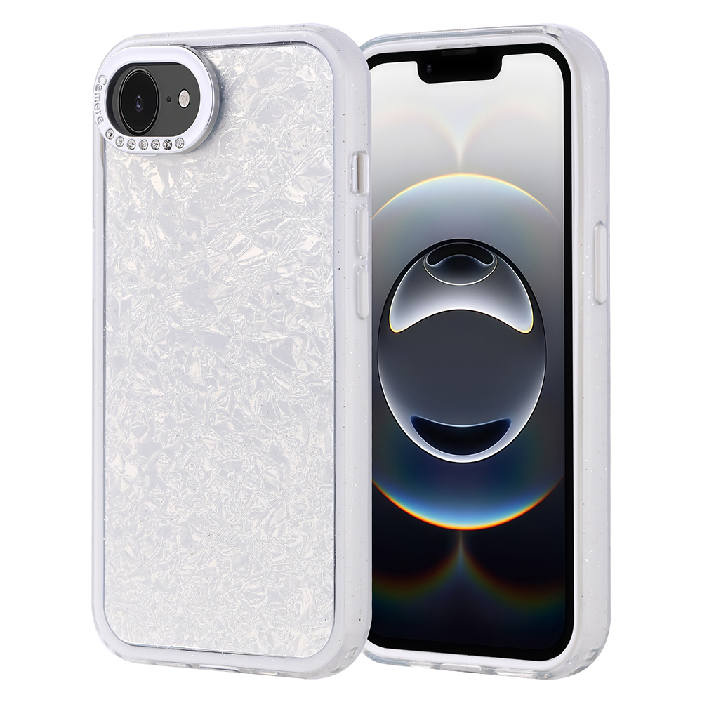 Taşlı kamera halkalı, ışıltılı beyaz iPhone kılıfı.