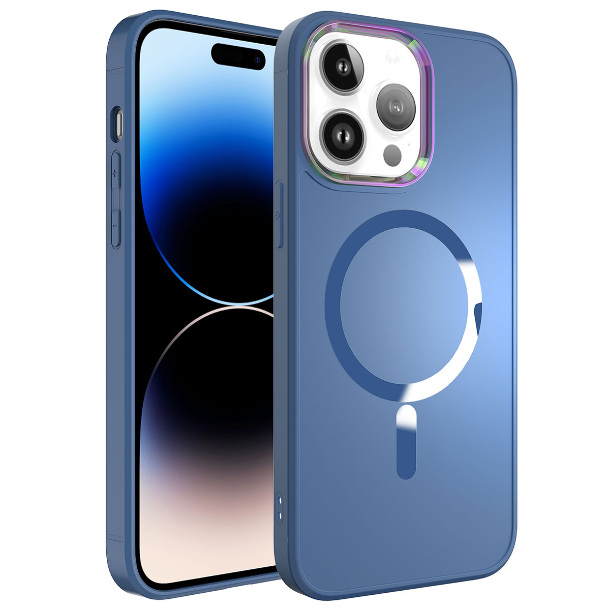 Mıknatıslı halkalı mavi iPhone kılıfı telefonun yanında gösteriliyor.