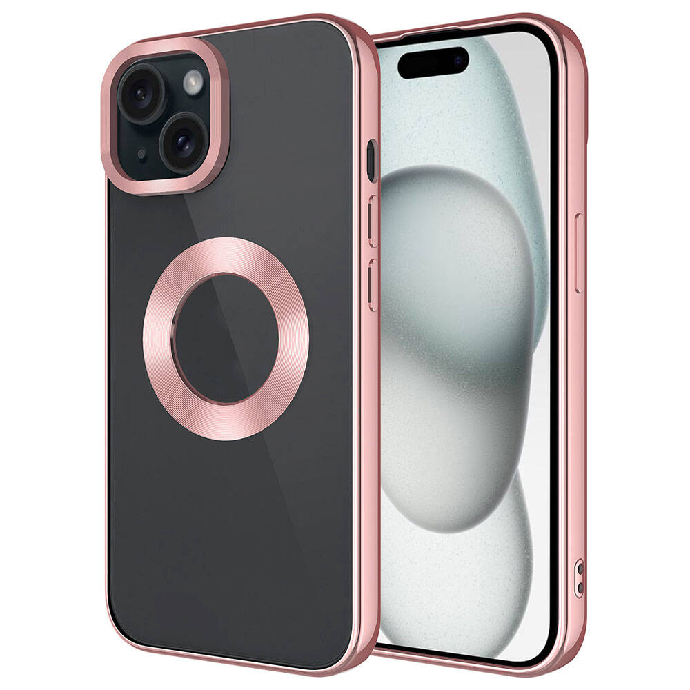 Şeffaf arka ve manyetik halkalı, roze altın renkli iPhone kılıfı.