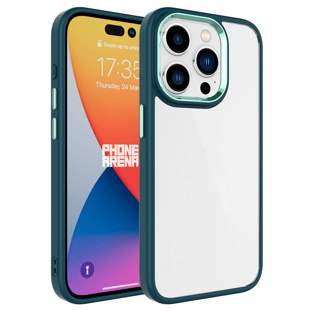 Kilitli ekranlı bir akıllı telefonu gösteren, şeffaf arkalı, teal iPhone koruyucu kılıf.