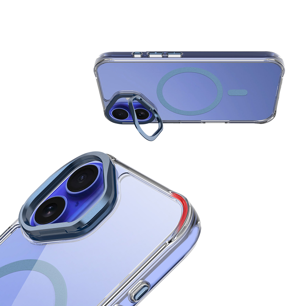 Mavi telefonda halka tutuculu ve manyetik halkalı şeffaf telefon kılıfı.