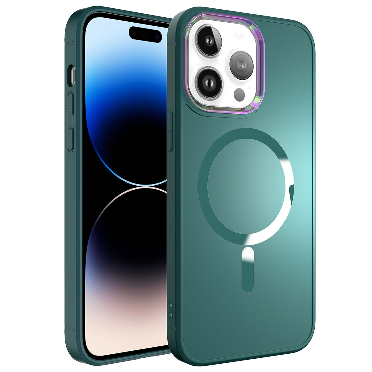 Arkada manyetik bir daire gösteren şeffaf kasalı yeşil iPhone.