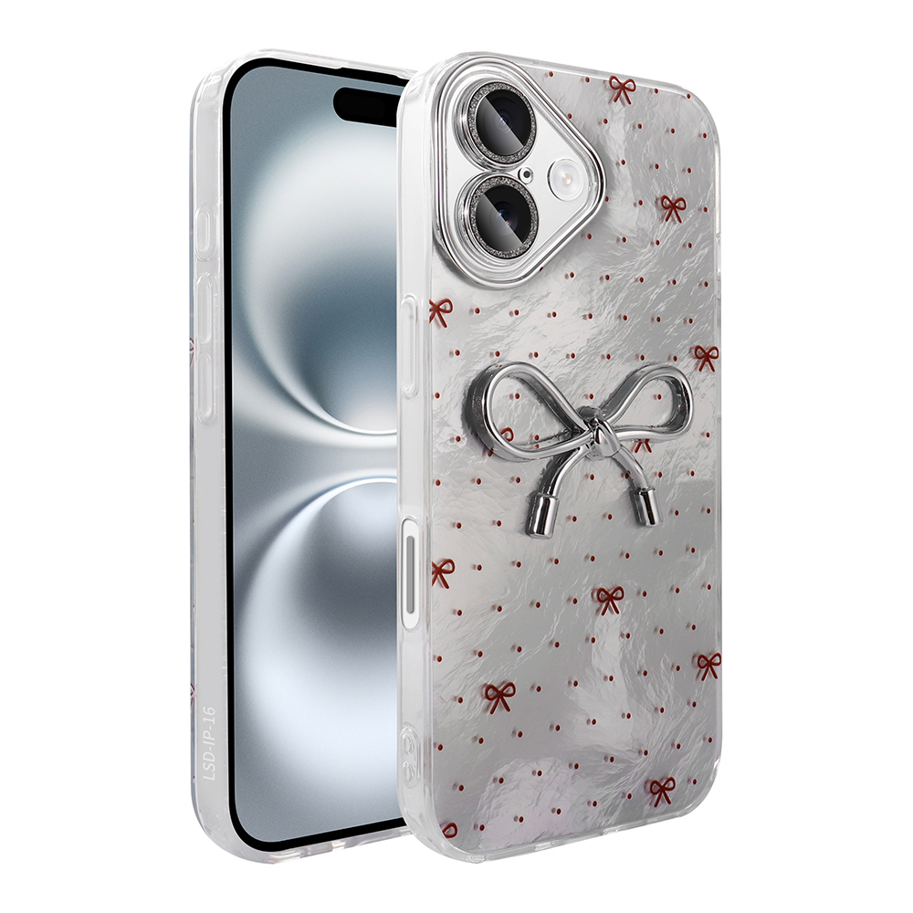 Gümüş fiyonklu ve kırmızı fiyonk vurgulu şeffaf iPhone kılıfı.