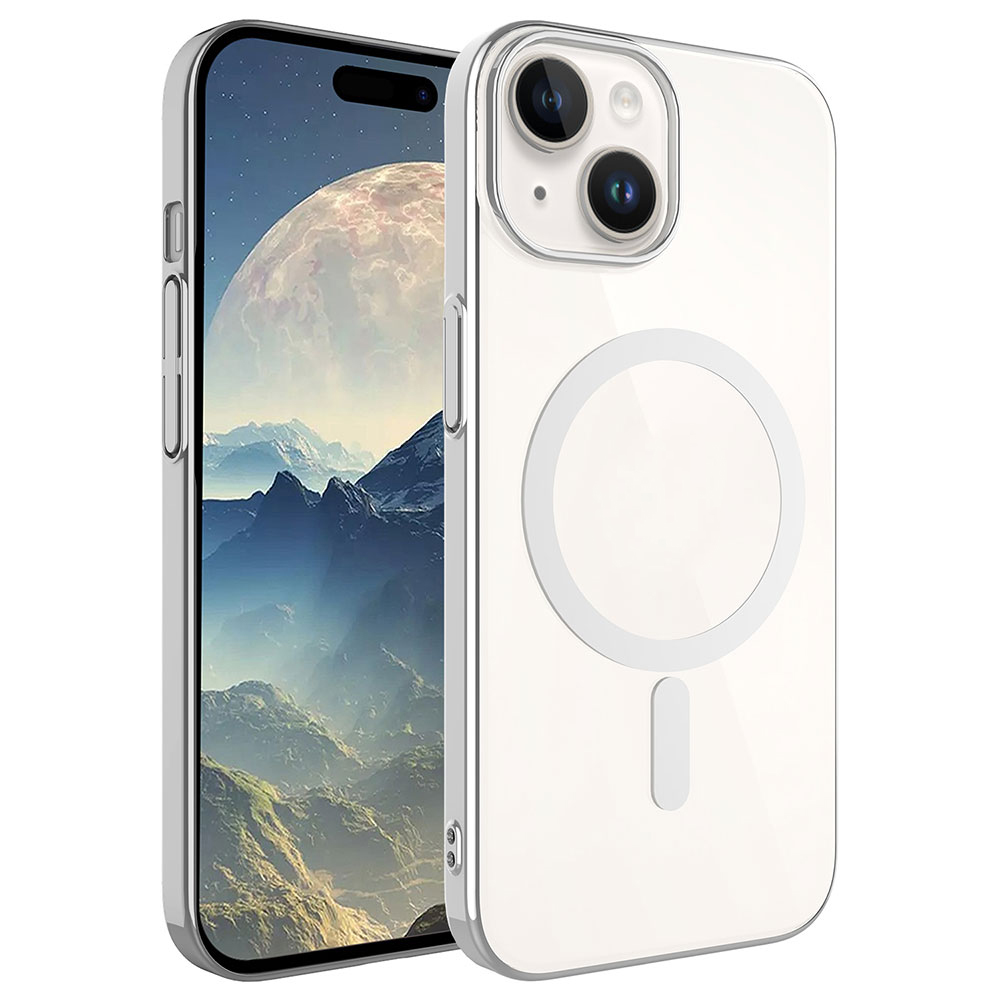Dağ ve ay manzaralı telefonda MagSafe halkalı şeffaf telefon kılıfı.