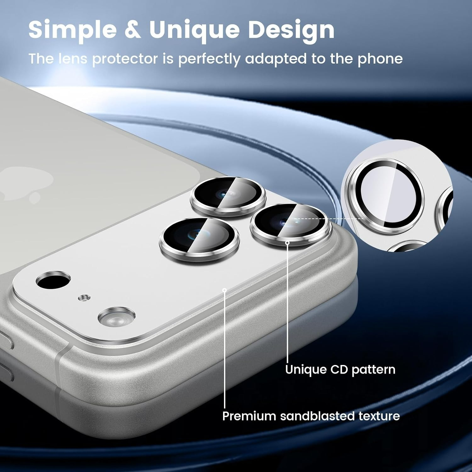 CD desenli ve kumlanmış dokulu üç kamera lens koruyuculu iPhone arka yüzü.