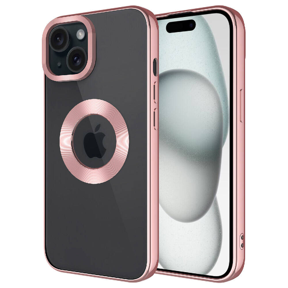 Pembe altın çerçeveli, kameralı ve Apple logolu şeffaf telefon kılıfı.