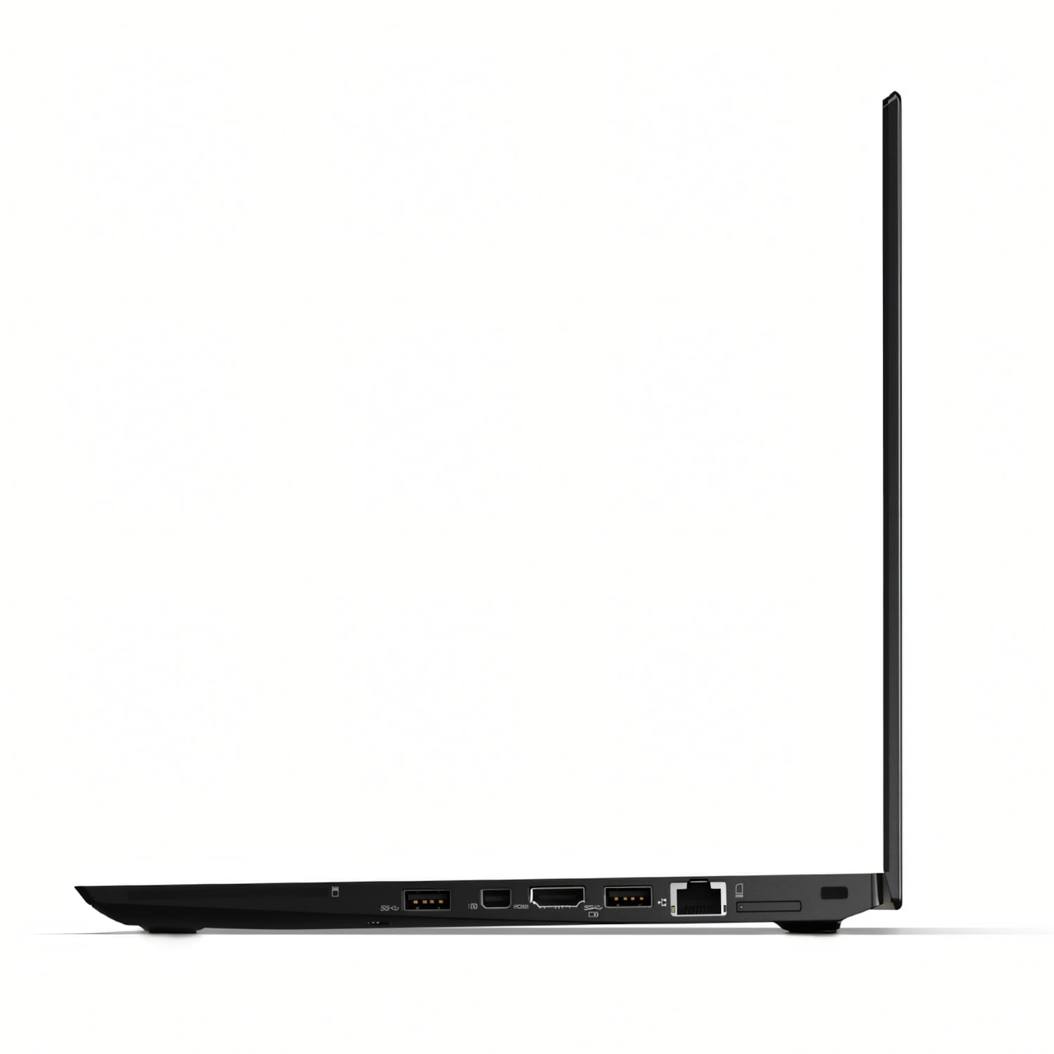 Portátil negro de perfil con pantalla abierta y puertos visibles.