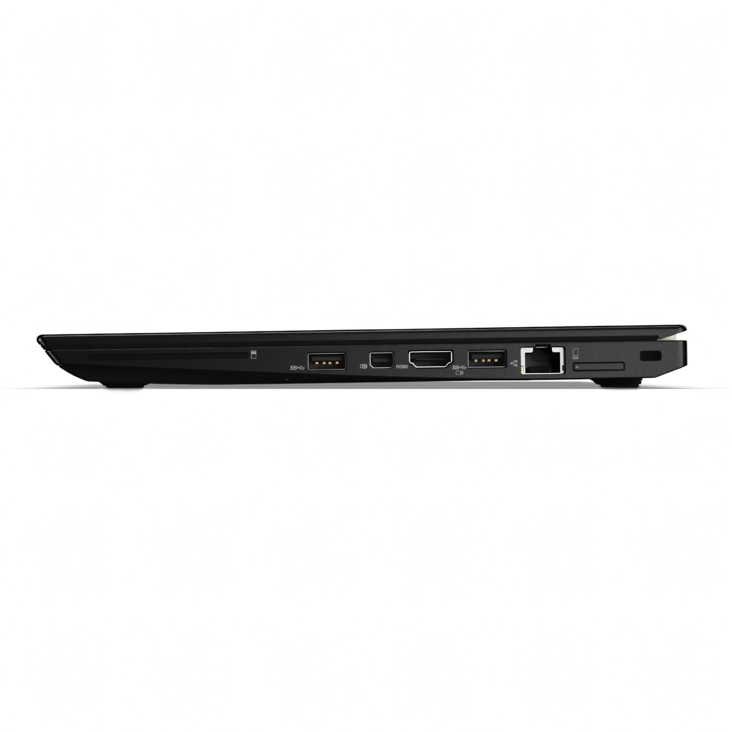 Vista lateral de un portátil negro mostrando puertos: USB, HDMI, Ethernet.