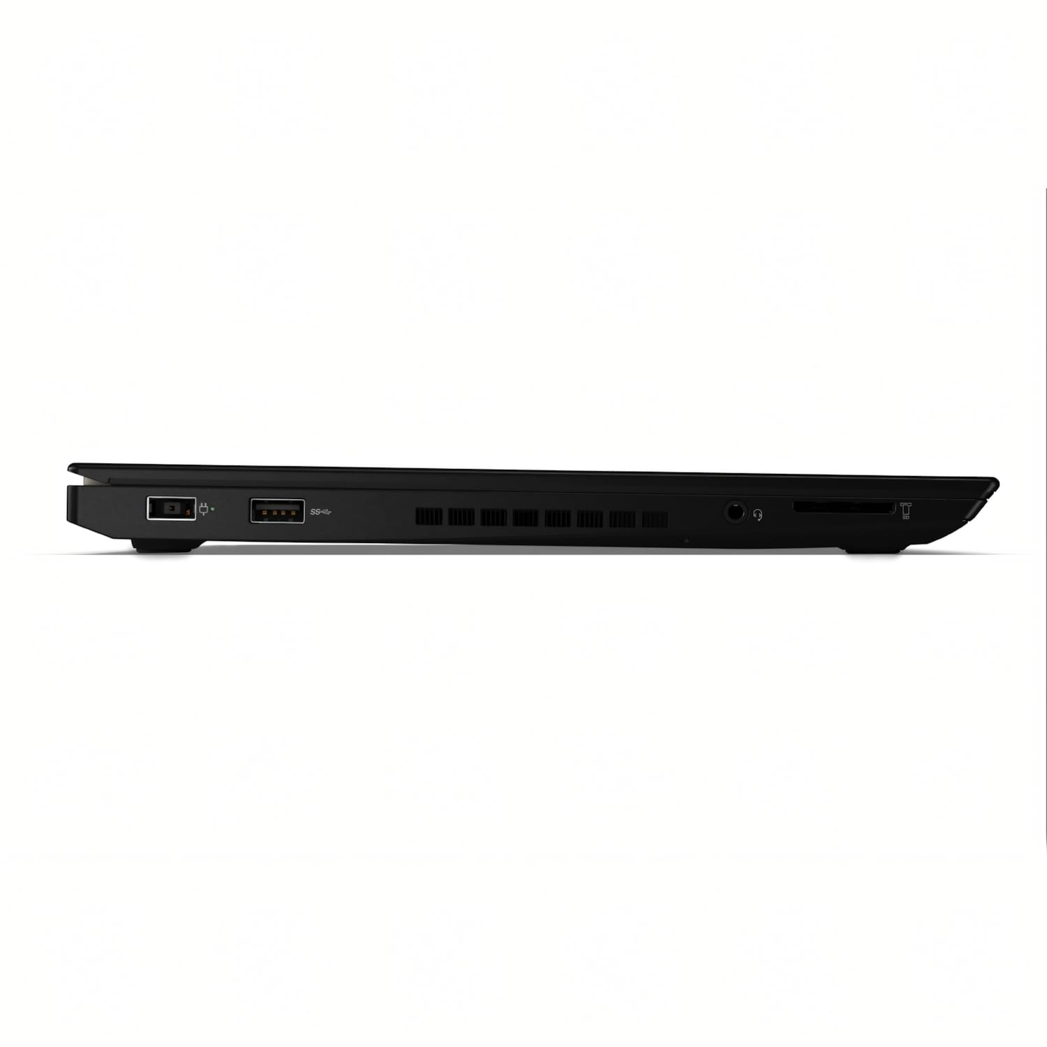 Portátil negro con puertos USB, auriculares y tarjeta SD visibles.