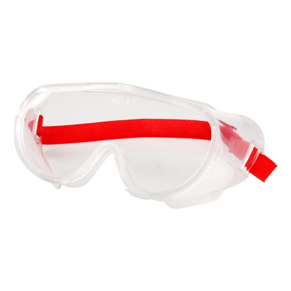 Gafas de seguridad transparentes con cinta roja y laterales de malla blanca.