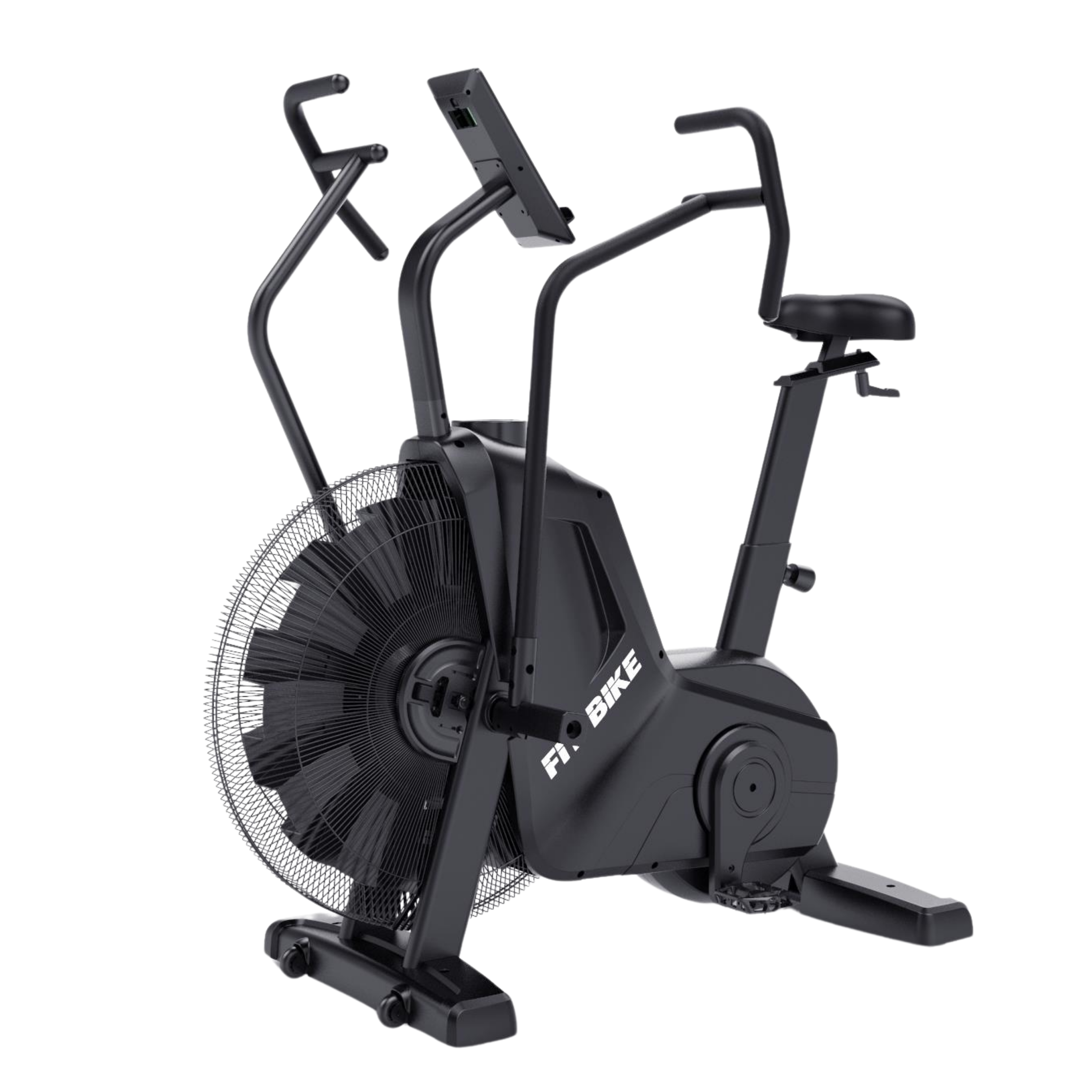Un vélo à air noir avec grand ventilateur, siège, guidon et écran numérique.