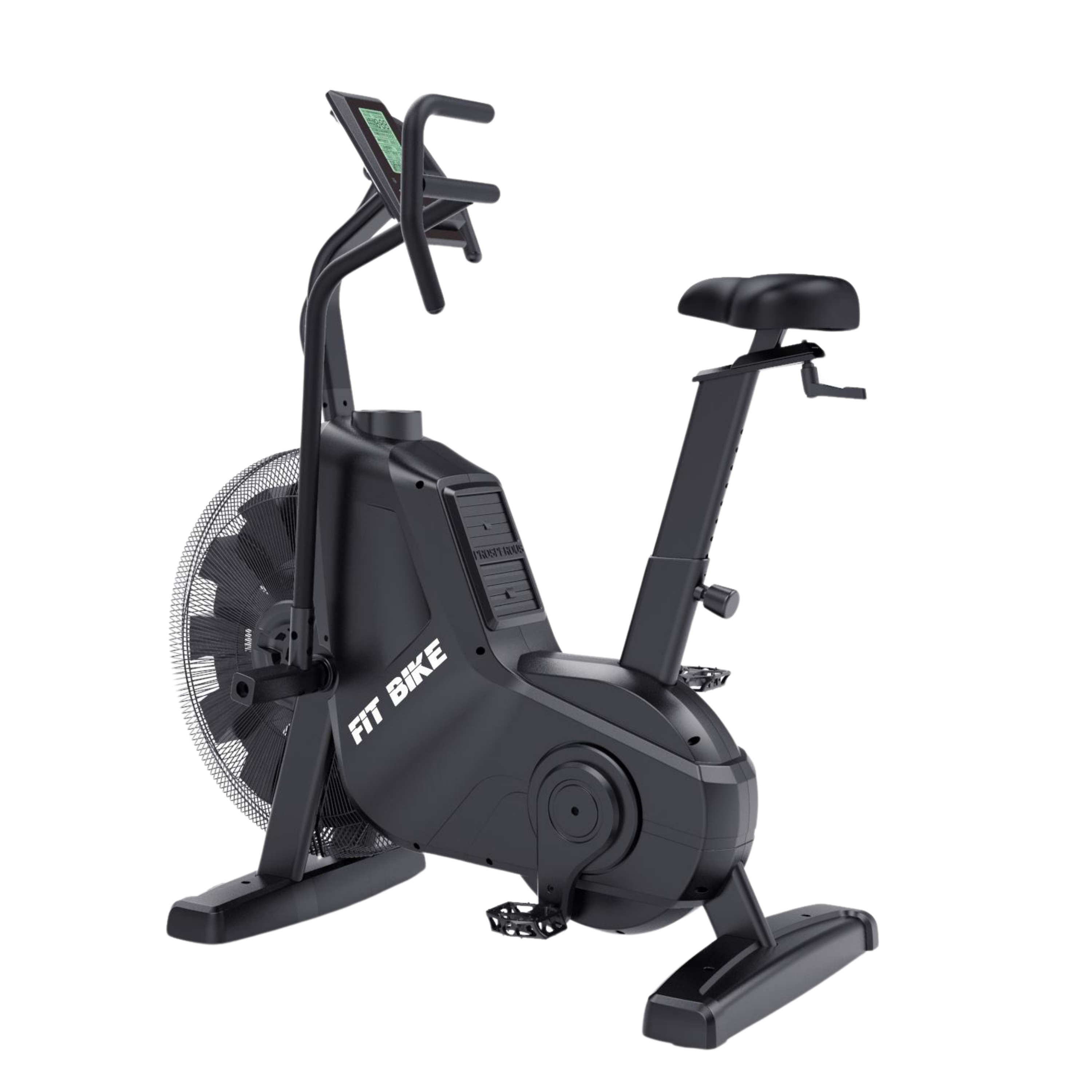 Un vélo d'exercice noir avec roue à ventilateur et écran.