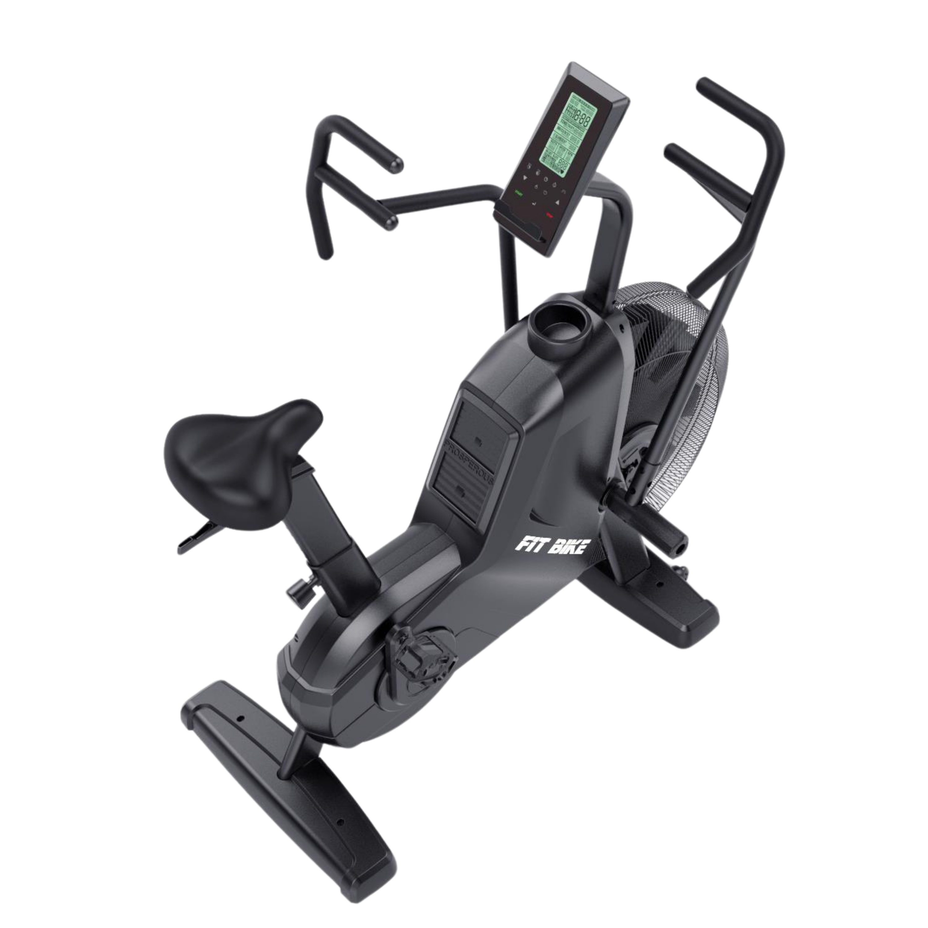 Un vélo à air noir avec écran LCD, siège et pédales sur fond blanc.