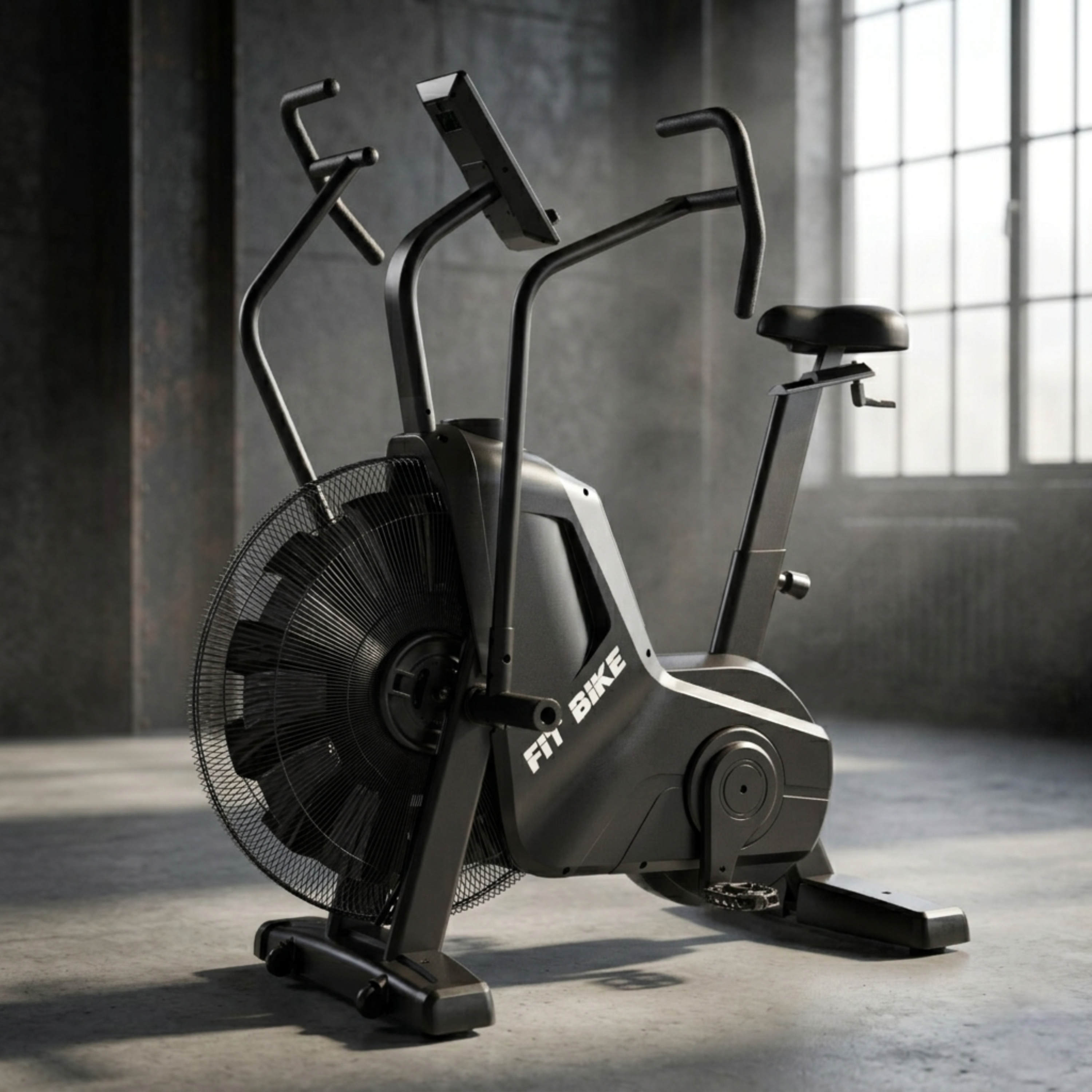 Un vélo d'exercice noir avec une grande roue de ventilateur à l'avant et un siège.