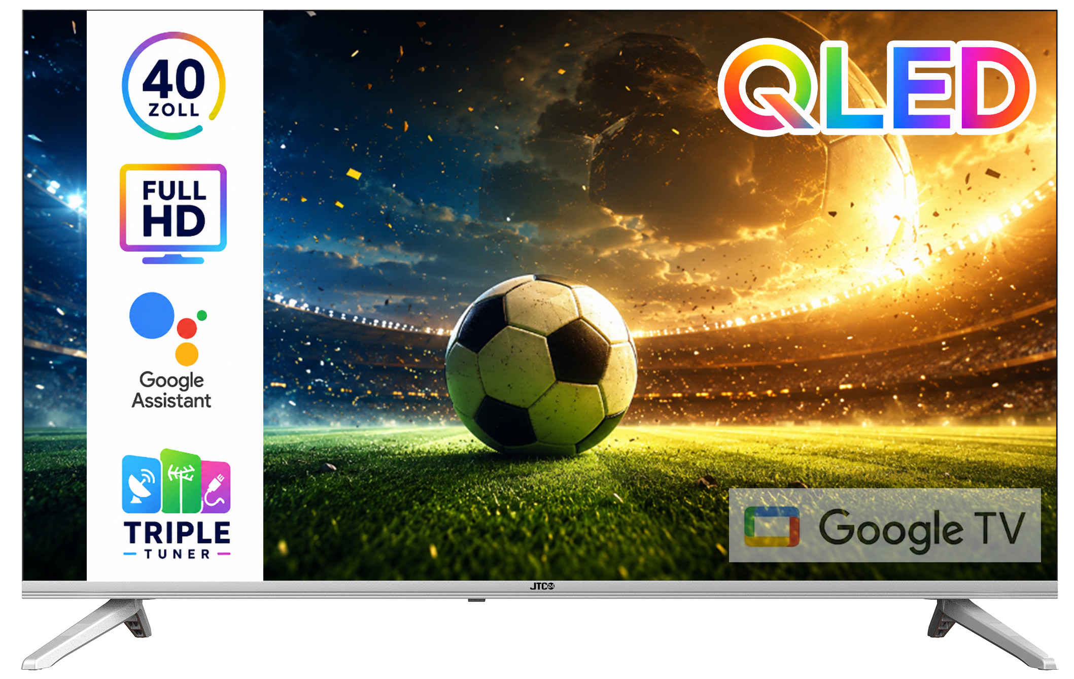Ein QLED-Fernseher zeigt ein Fußballstadion mit Ball, mit Google TV und Triple Tuner.
