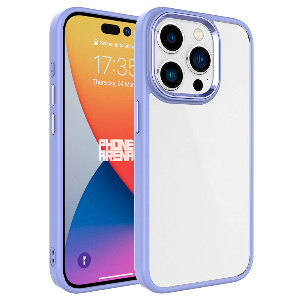 Şeffaf arkalı ve kamera kesimli mor iPhone kılıfı. Telefon ekranı görünüyor.