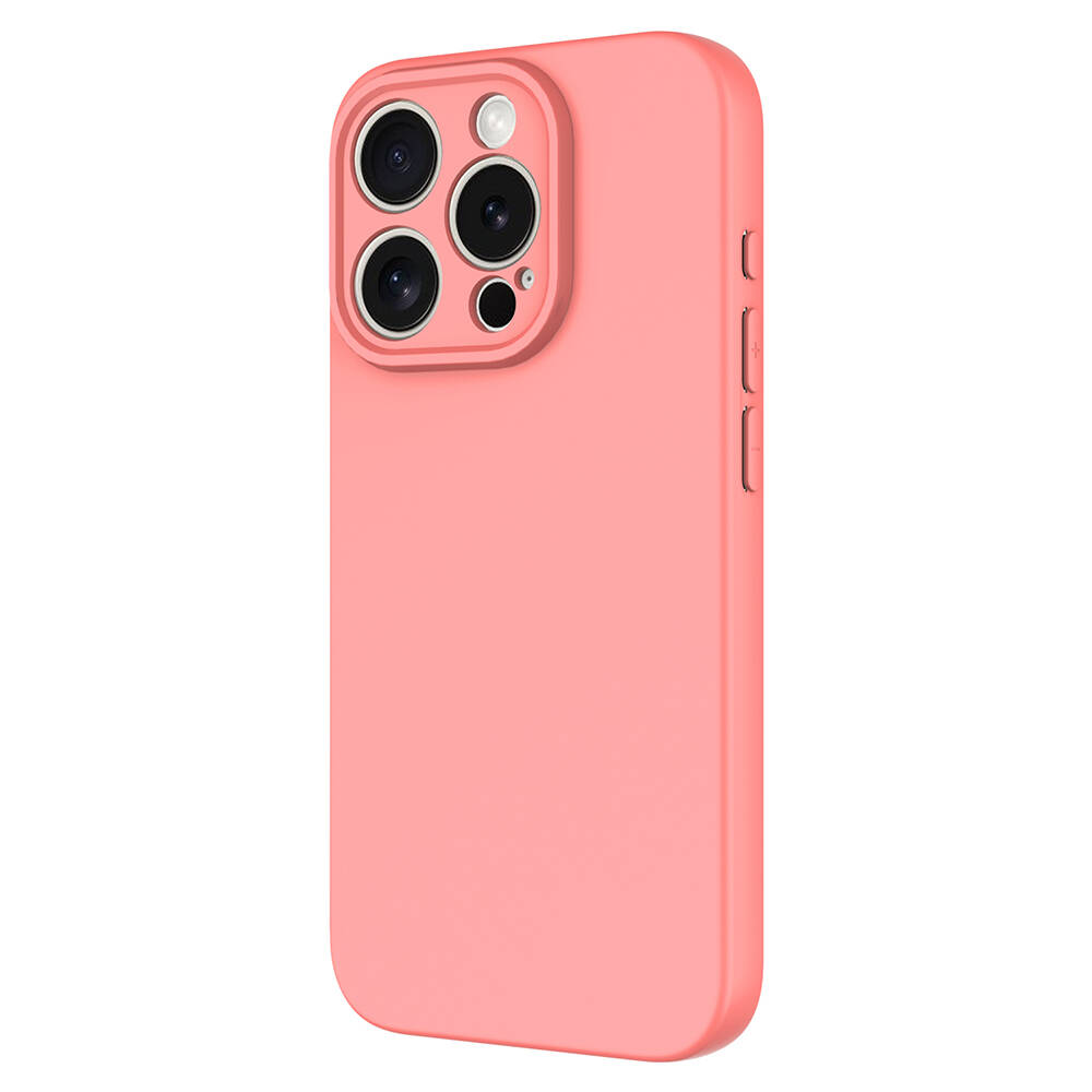 Kamera modülü ve yan düğmeleri olan mercan pembe iPhone kılıfı.