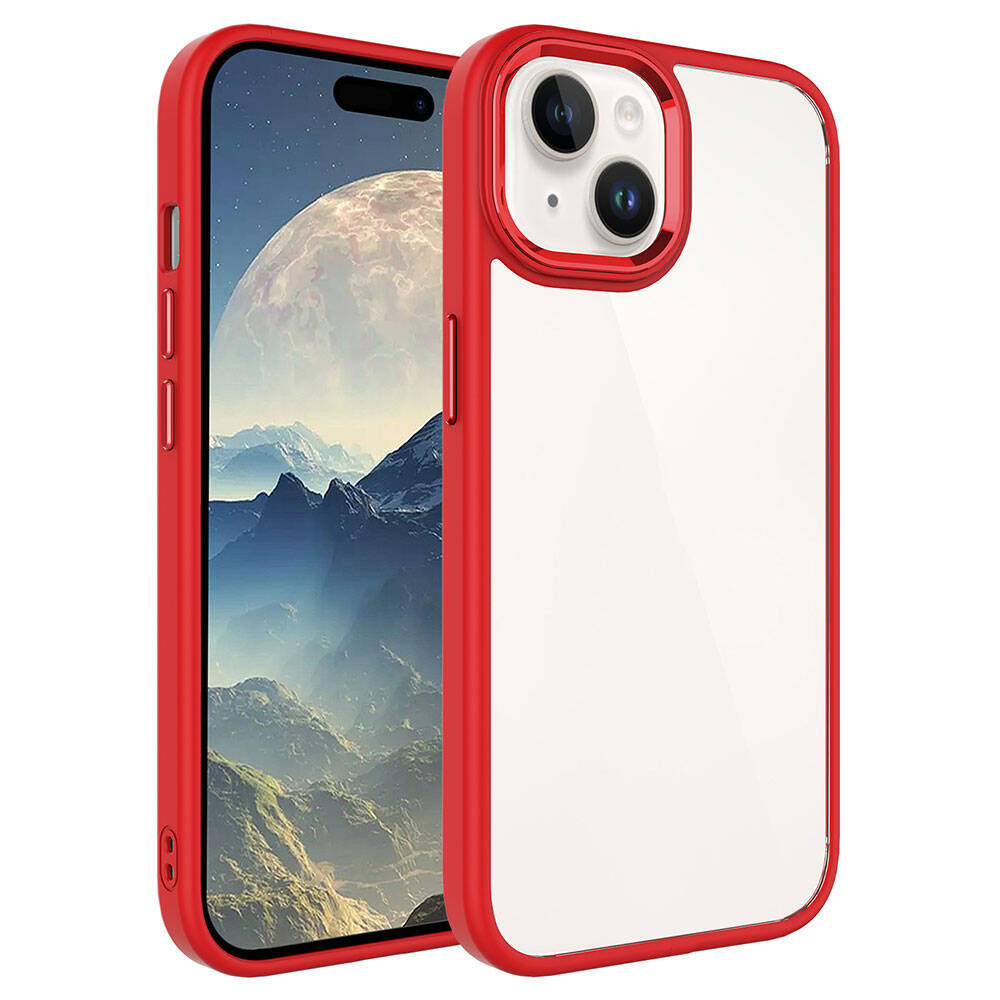 Kamera ve ekranı gösteren kırmızı ve şeffaf telefon kılıfı.