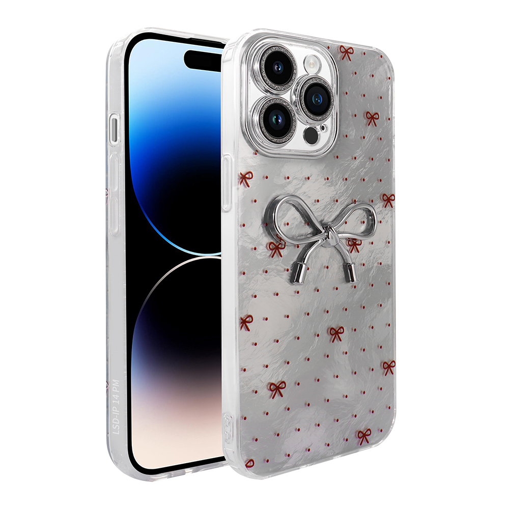 Gümüş fiyonk desenli ve gümüş fiyonk halka tutuculu gümüş iPhone kılıfı.