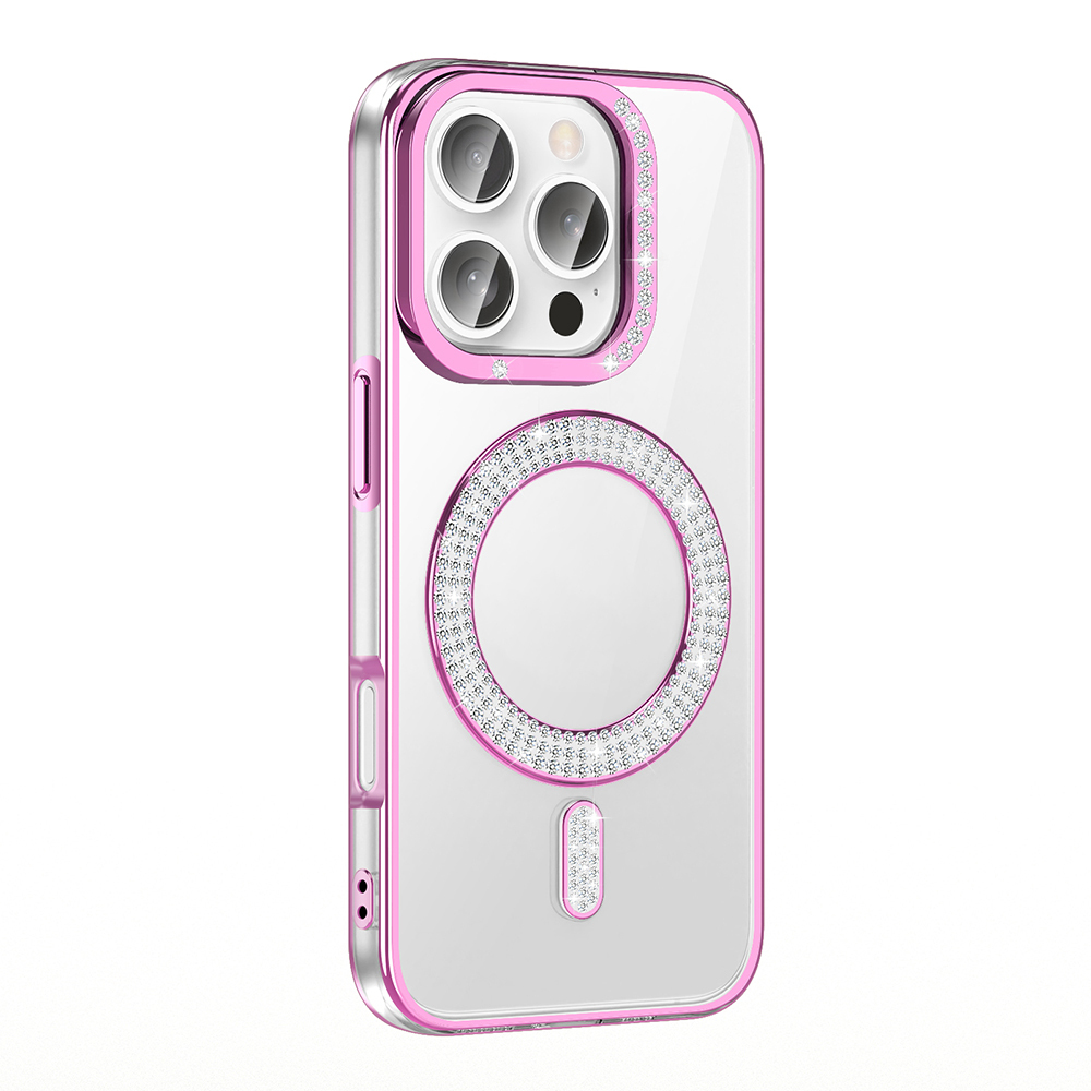 Pembe kenarlı şeffaf iPhone kılıfı, kamera korumalı ve parlak detaylı.
