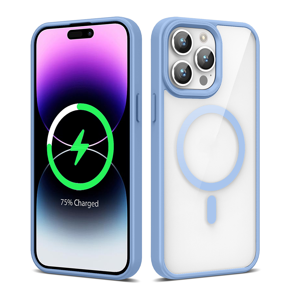 Arkası şeffaf mavi iPhone kılıfı, %75 şarj olmuş bir telefonu gösteriyor.