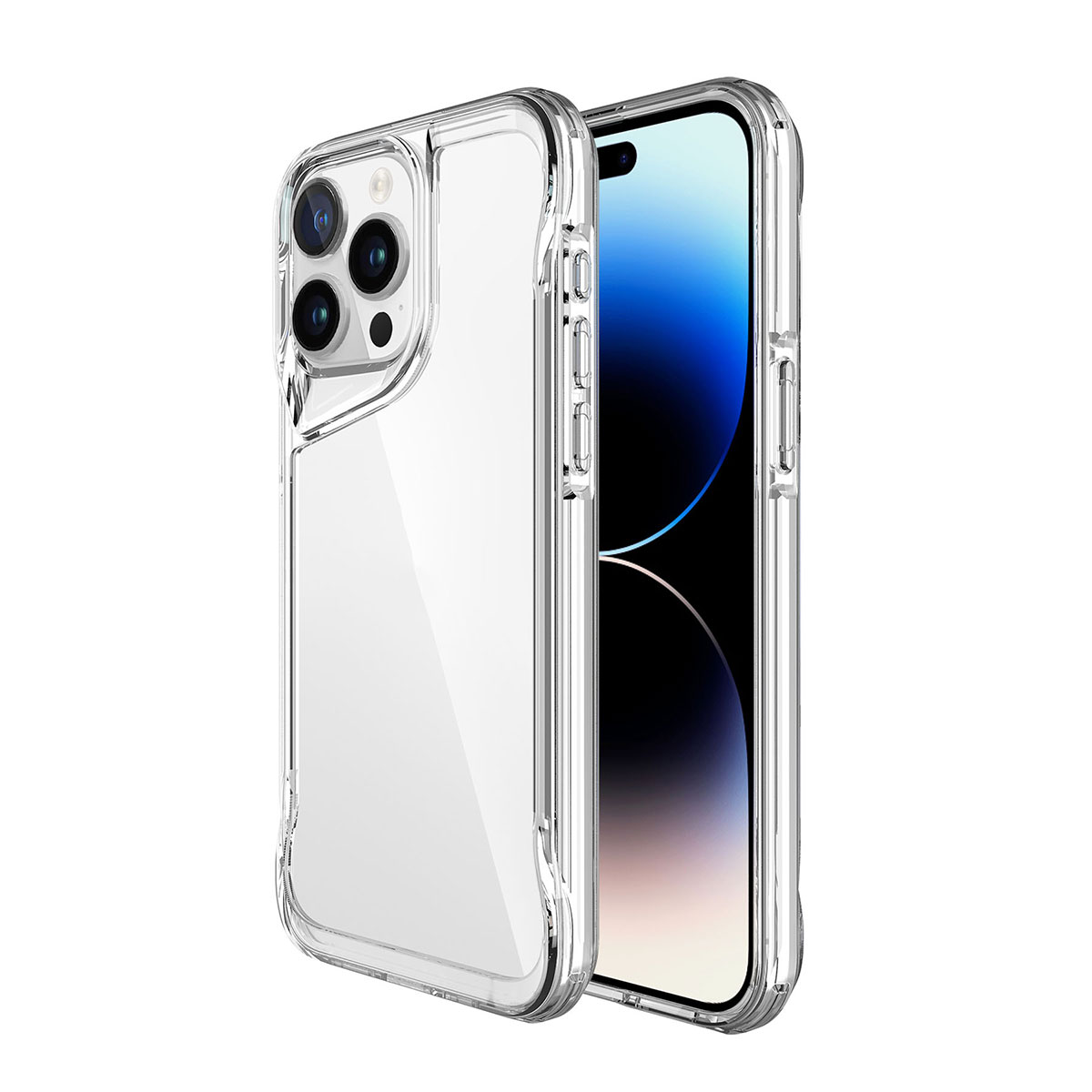 Arkada üç kamera bulunan iPhone için şeffaf kılıf.