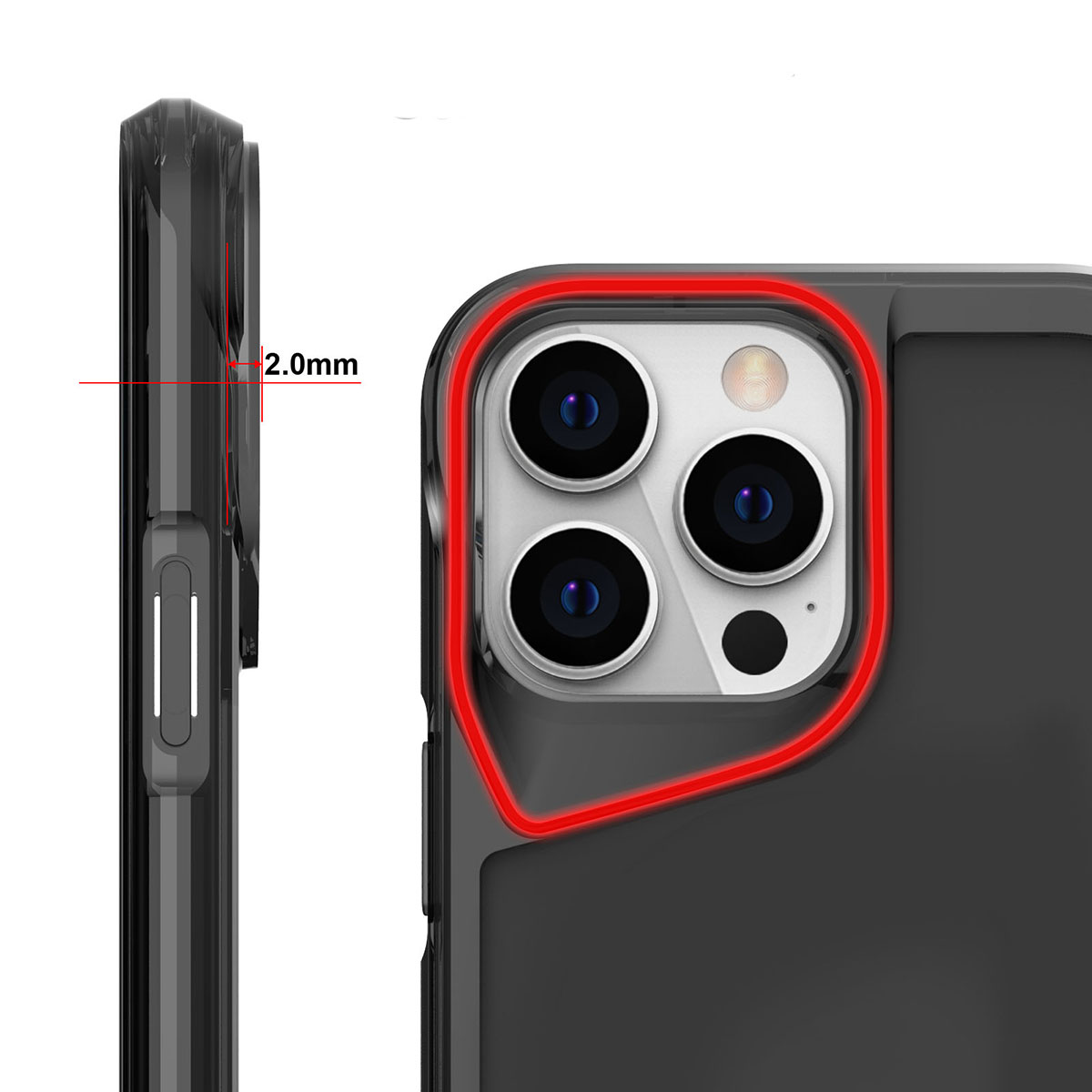 Kamera lenslerini ve 2,0 mm ölçüsünü gösteren telefon kılıfının arkasının yakın çekimi.