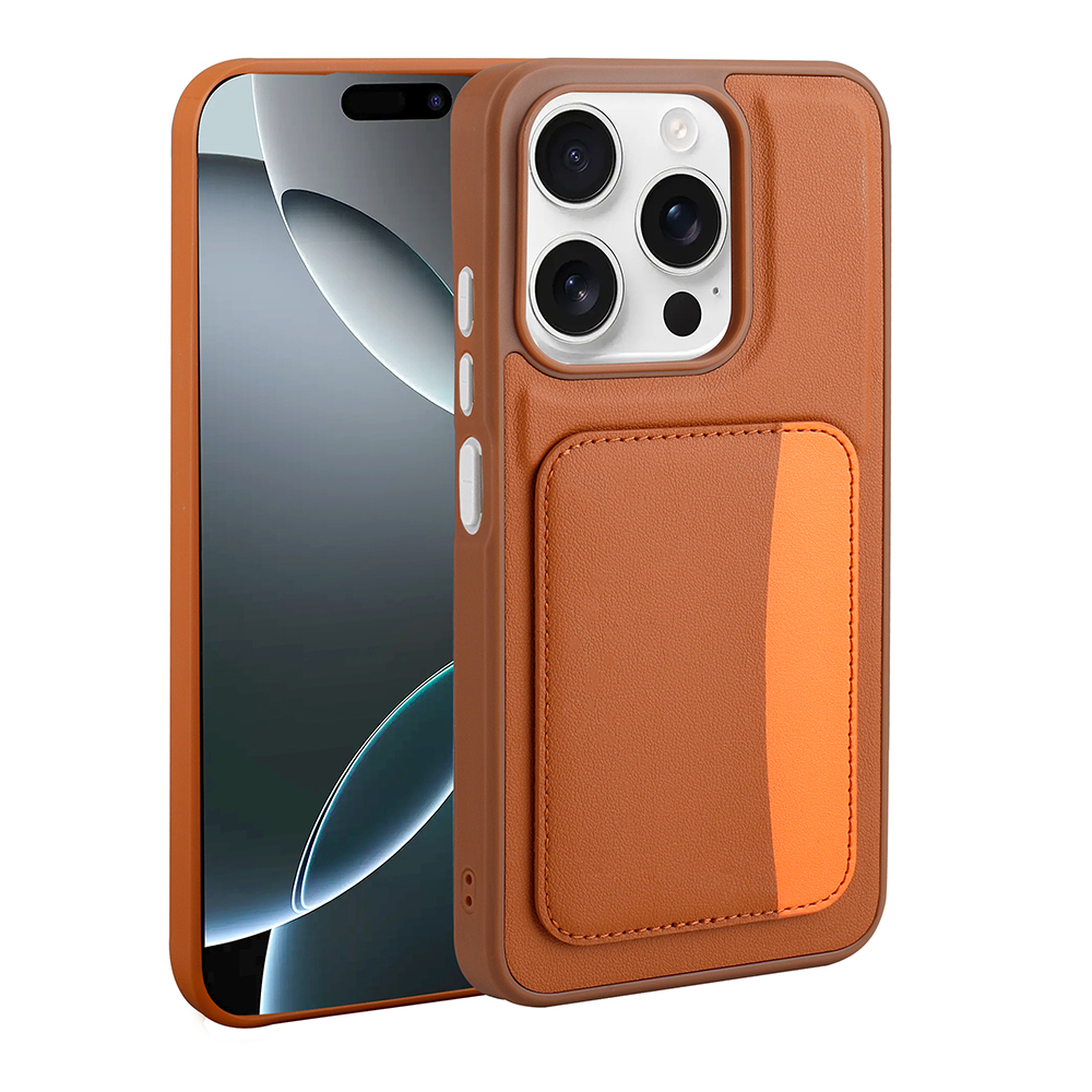 Bir akıllı telefonda kart yuvası ve kamera kesiği bulunan kahverengi telefon kılıfı.