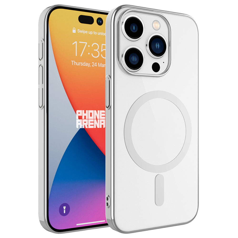 Gümüş kenarlı şeffaf iPhone kılıfı, kilitli ekranlı bir iPhone gösteriyor.