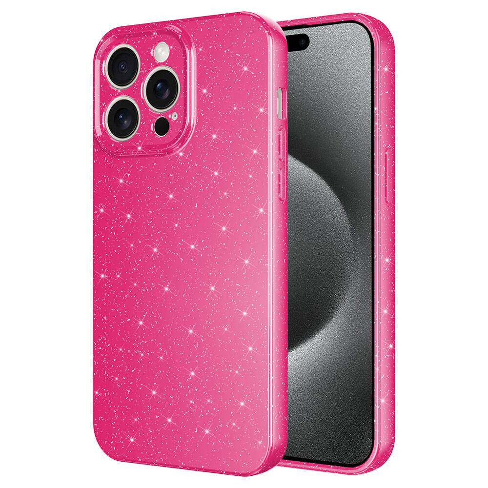 Kamera modülü ve iPhone parçası içeren parlak pembe telefon kılıfı.