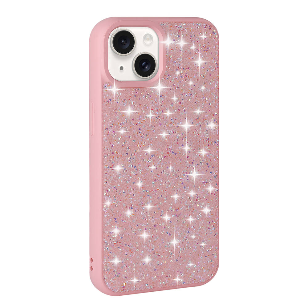 Simli kaplamalı ve çift kamera kesimli pembe iPhone kılıfı.