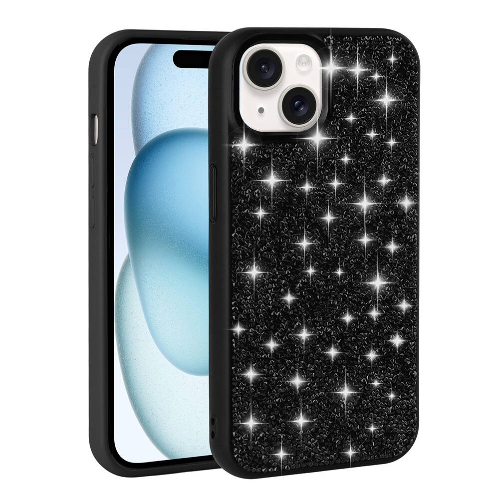 Telefonda iki kamera lensi ve simli siyah telefon kılıfı.