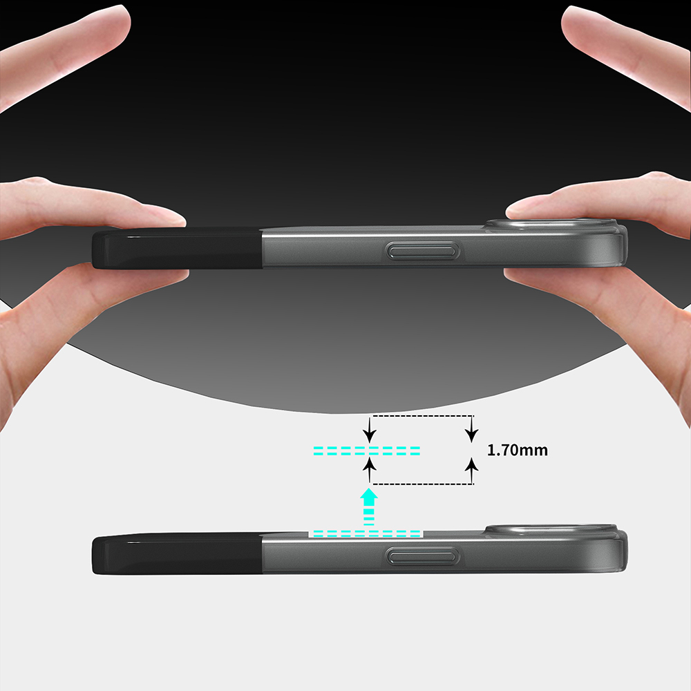 Yan yana gösterilen iki telefon kılıfı, biri 1,70 mm kalınlığı gösteriyor.