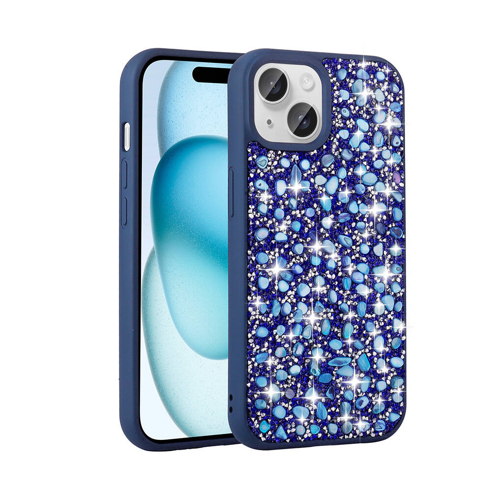 Parlak mavi ve gümüş taşlarla süslenmiş mavi iPhone kılıfı.