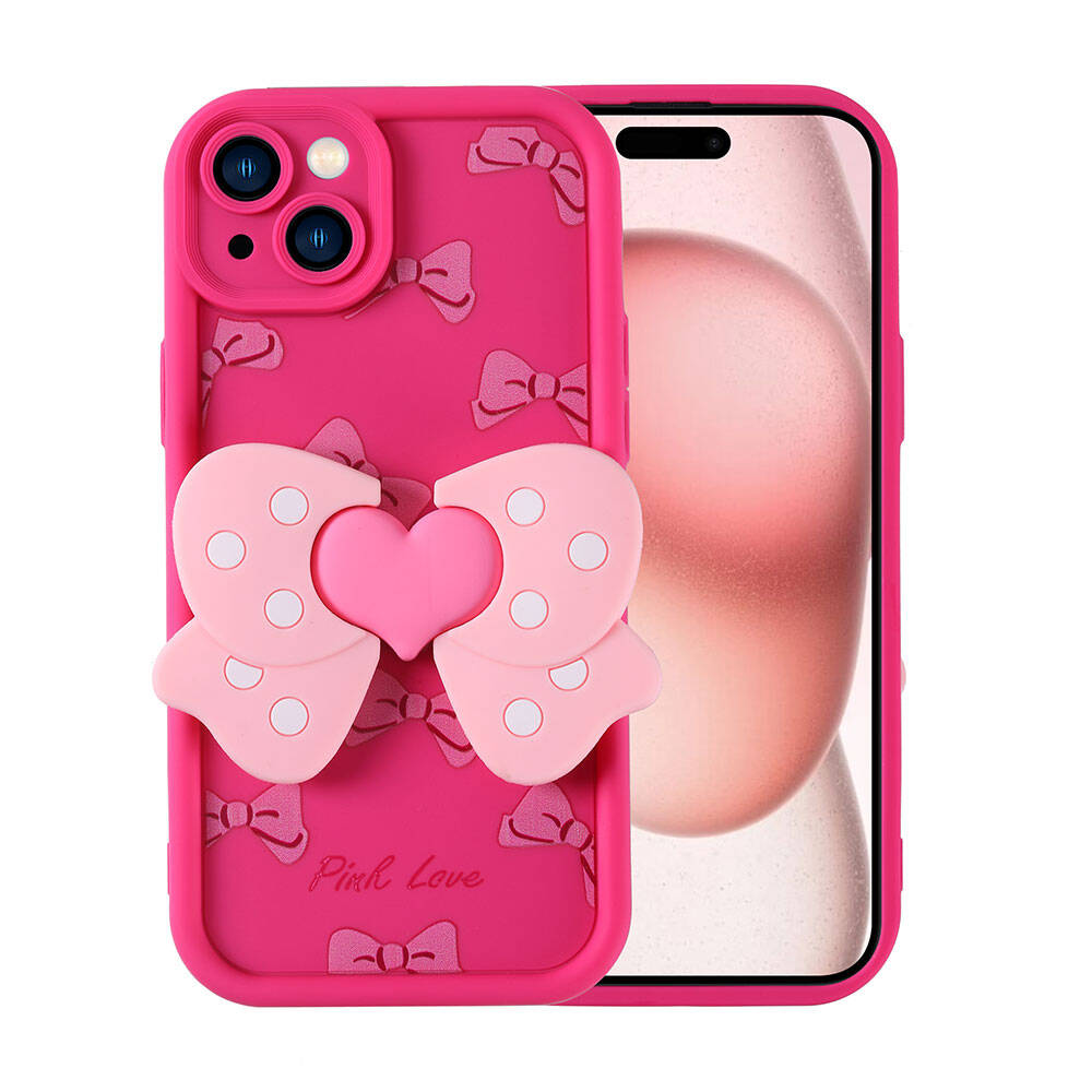 Kalpli 3B fiyonk ve fiyonk desenli pembe telefon kılıfı.