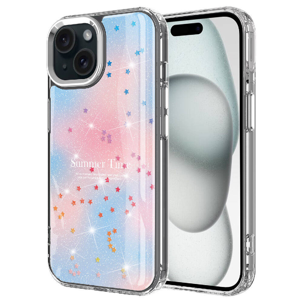 Pembe/mavi geçişli ve simli yıldızlara sahip şeffaf telefon kılıfı.