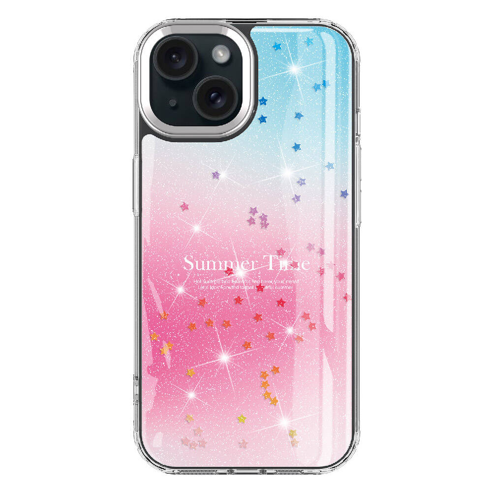 Pembe ve mavi simli ve yıldızlı tasarıma sahip iPhone kılıfı.