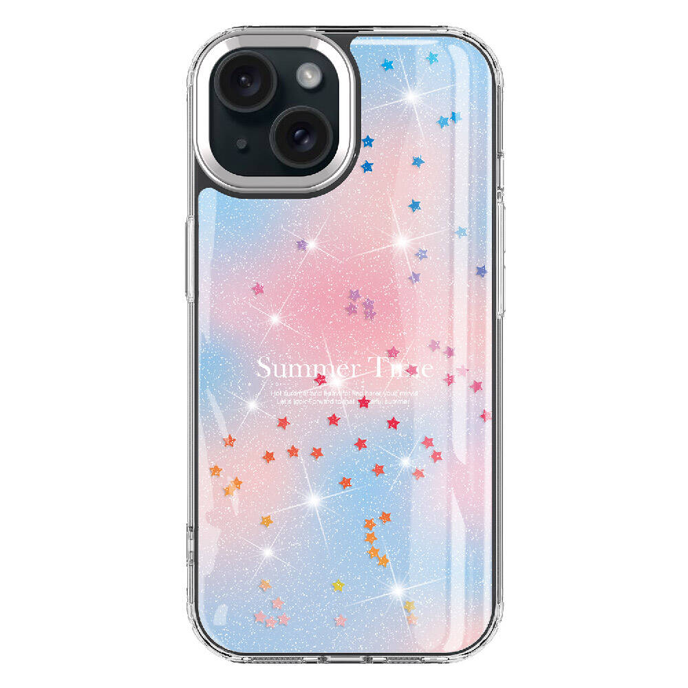 Yıldız desenli iPhone kılıfı, pembe-mavi degrade, ışıltılı.