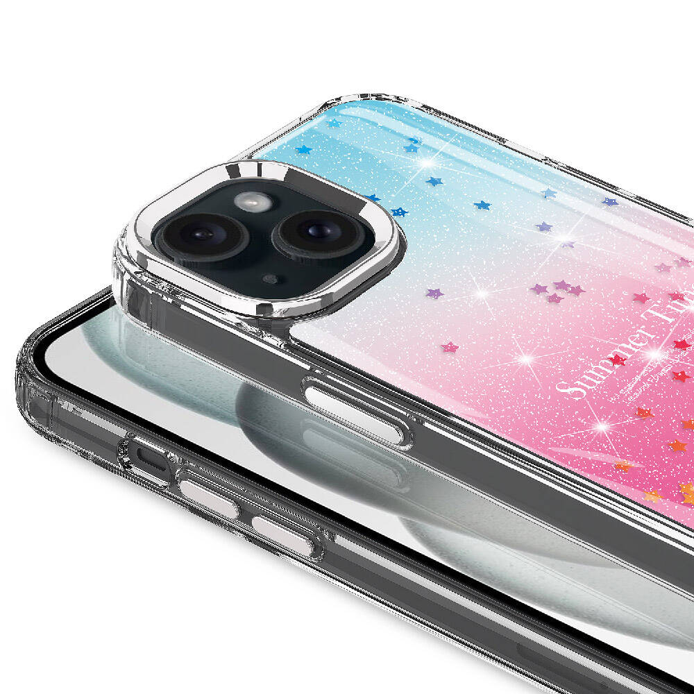 Pembe ve mavi simli yıldızlarla iPhone kılıfı.
