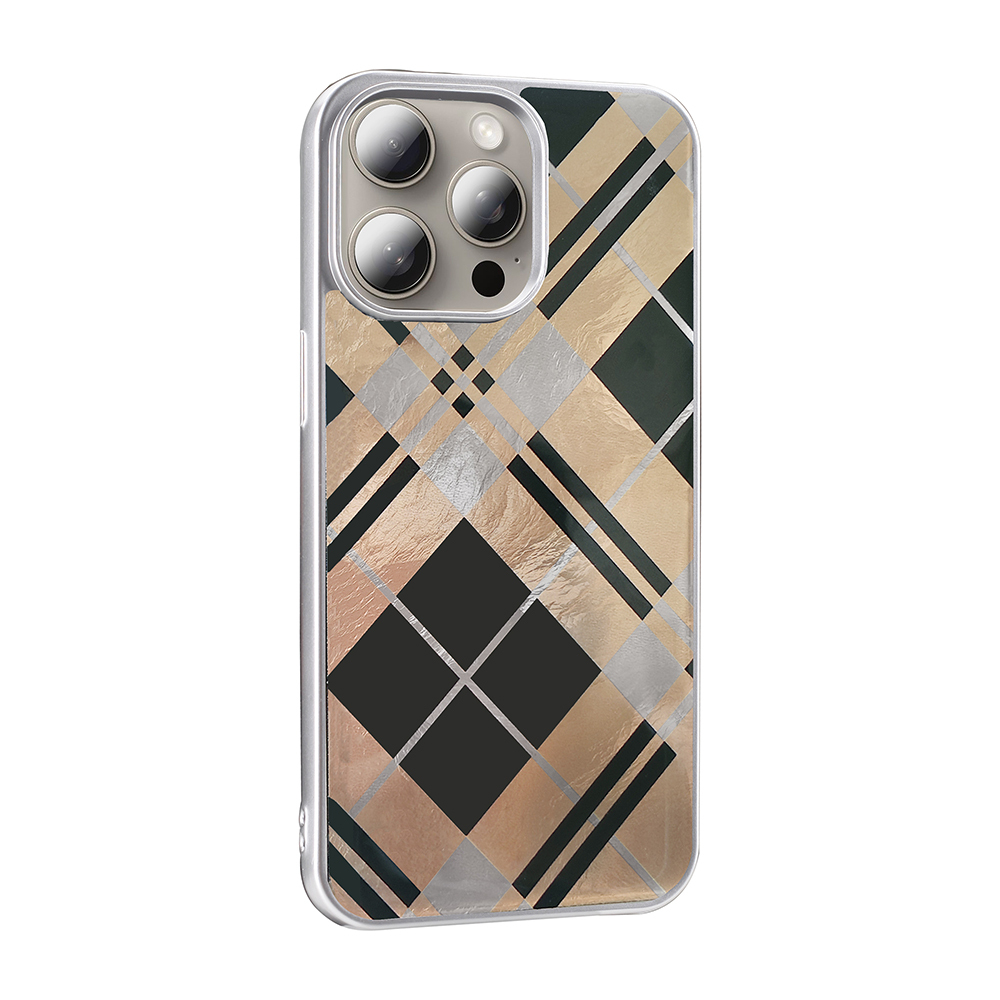 Altın, gümüş ve siyah ekose desenli iPhone kılıfı.