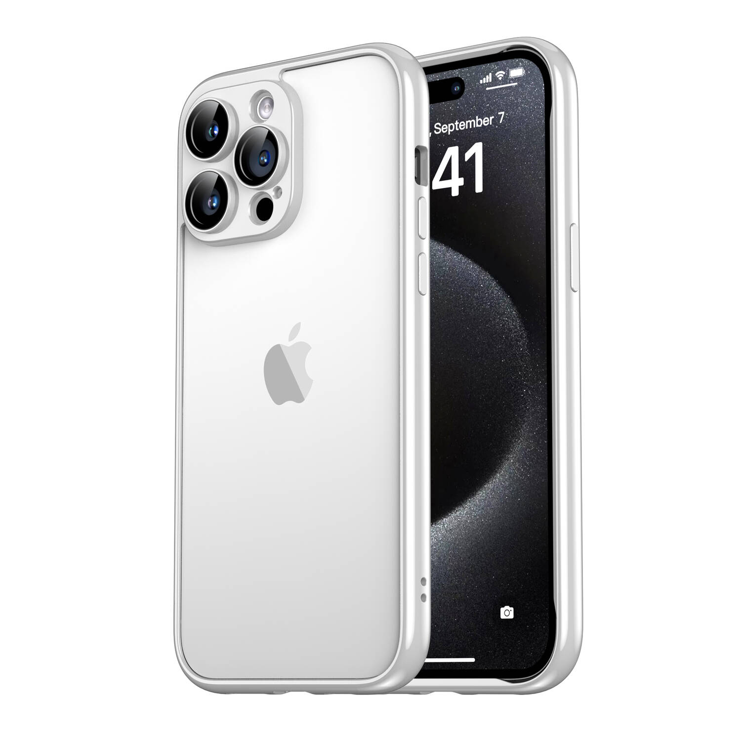 Şeffaf telefon kılıfı, üçlü kameralı ve Apple logolu beyaz bir iPhone gösterir.