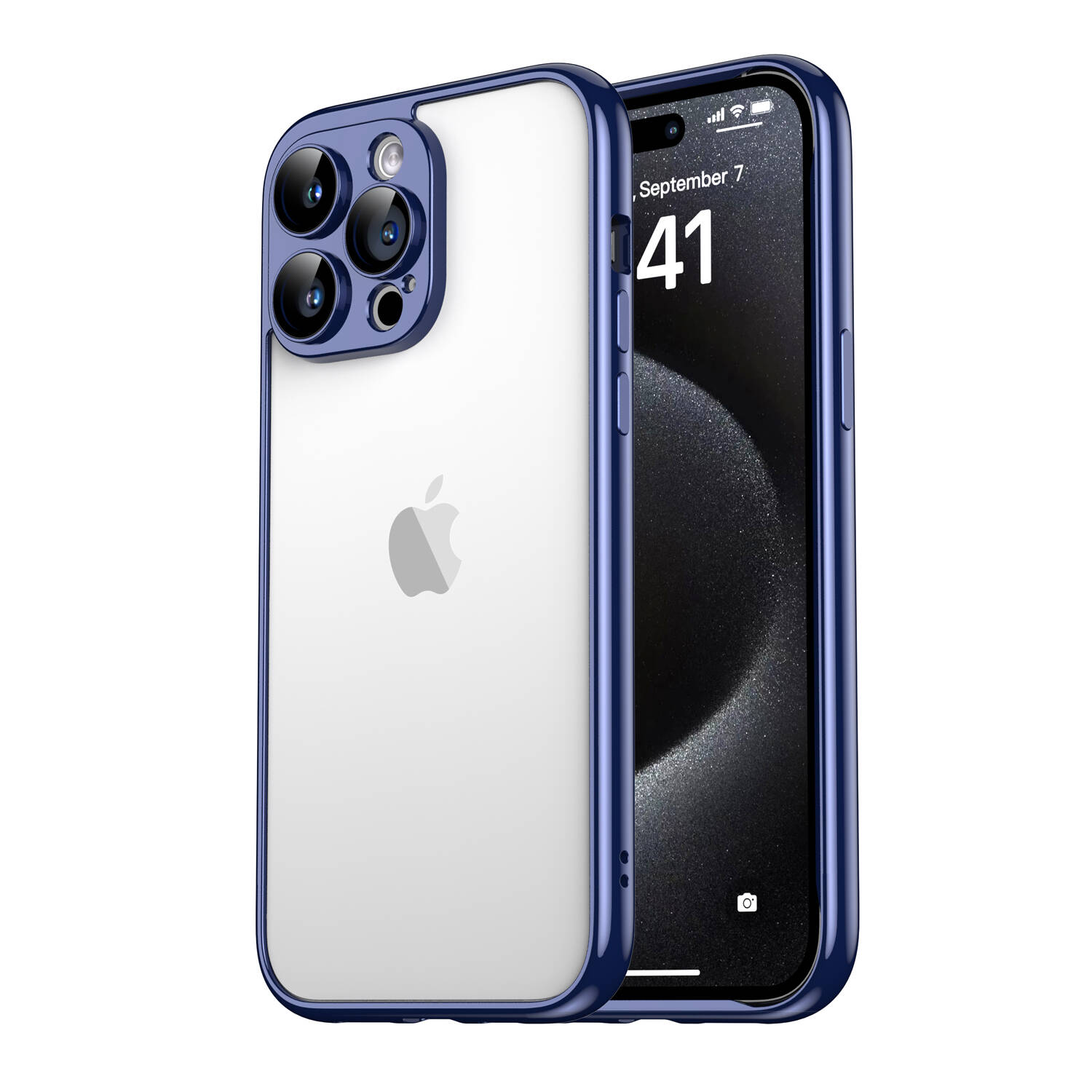 Beyaz arka plan üzerinde mavi iPhone, şeffaf kılıf ve kamera modülü.