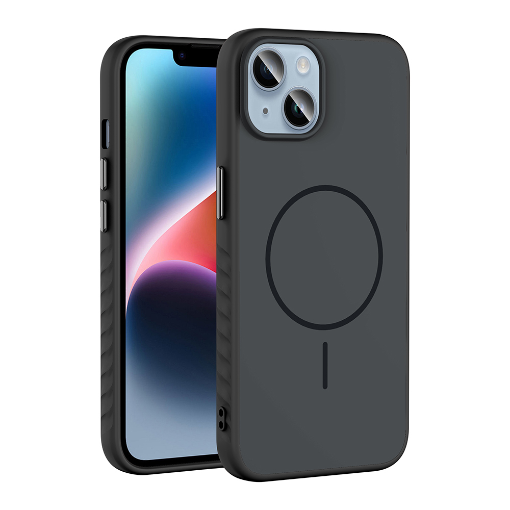 Dairesel mıknatıs ve çizgi desenli koyu gri telefon kılıfı gösterilmektedir.