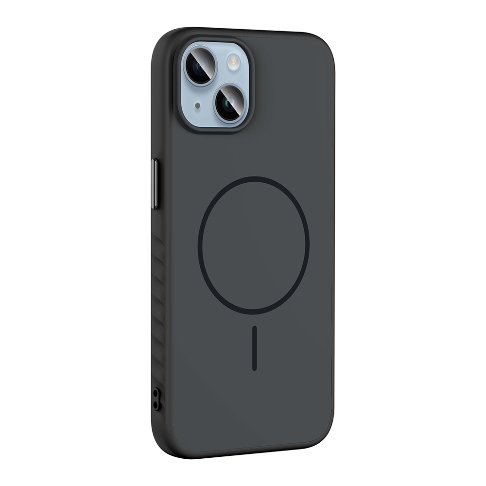 Dairesel manyetik halka ve dikey çizgiye sahip siyah telefon kılıfı.