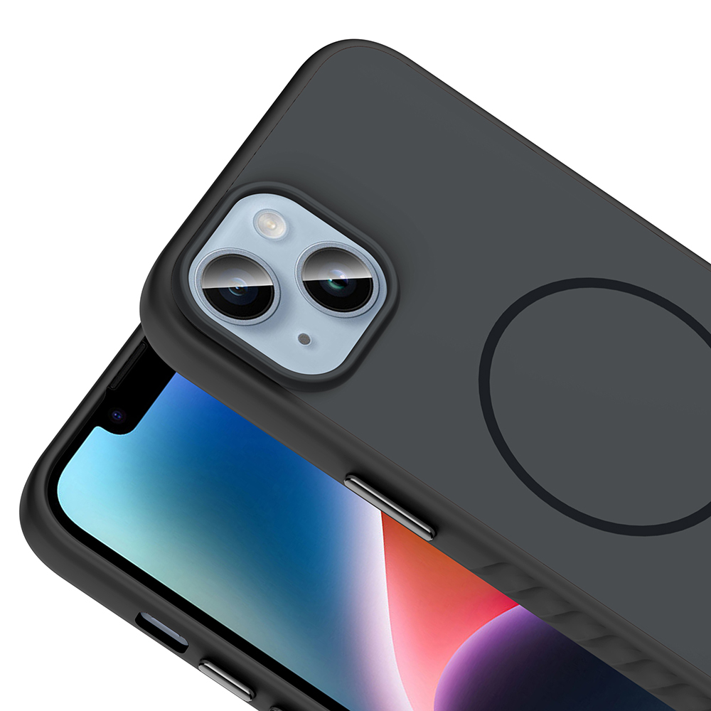 Arkasında dairesel manyetik halka bulunan koyu gri telefon kılıfı.